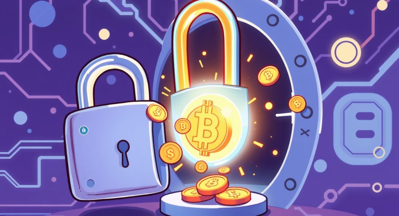 A cartoon illustration depicting a secure digital portal for the UXLINK token swap, symbolizing safe recovery after a cyber incident.