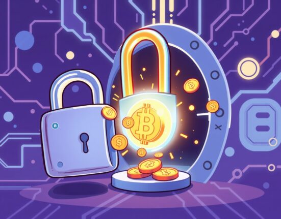 A cartoon illustration depicting a secure digital portal for the UXLINK token swap, symbolizing safe recovery after a cyber incident.