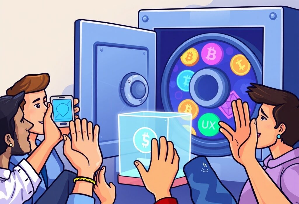 Cartoon showing community voting on UXLINK token unlock, symbolizing strategic decisions for growth and reserve diversification.