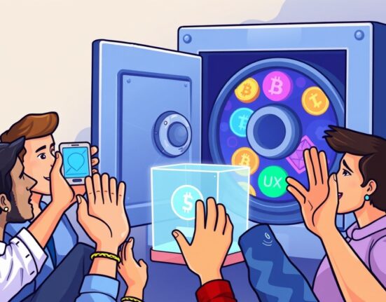 Cartoon showing community voting on UXLINK token unlock, symbolizing strategic decisions for growth and reserve diversification.