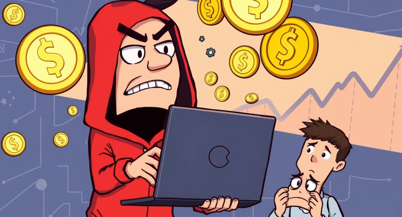 Illustration of a hacker causing chaos with unauthorized UXLINK tokens issuance, highlighting crypto security risks.