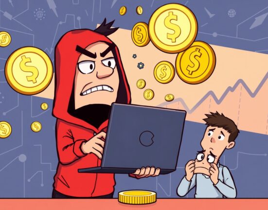 Illustration of a hacker causing chaos with unauthorized UXLINK tokens issuance, highlighting crypto security risks.