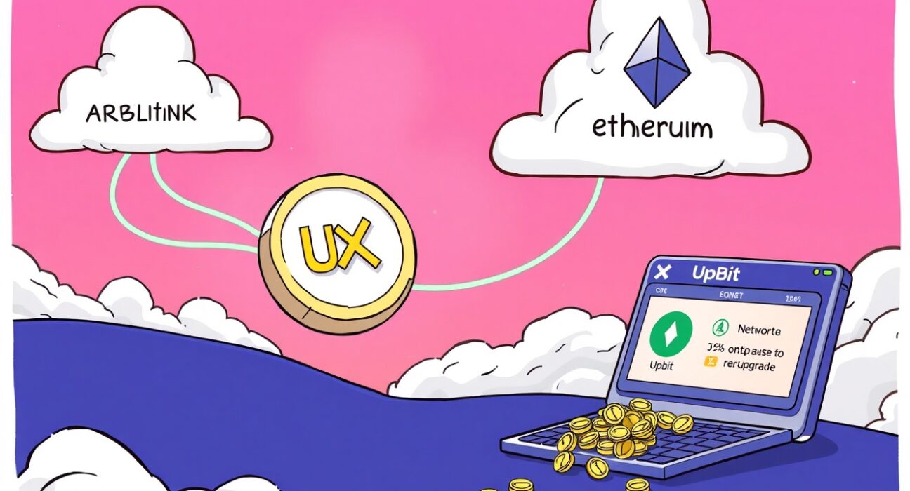 A cartoon illustration showing UXLINK token migration, with Upbit temporarily pausing UXLINK withdrawal for a smooth network transition.