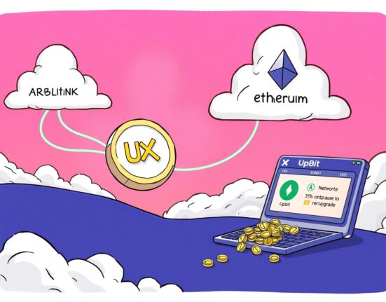 A cartoon illustration showing UXLINK token migration, with Upbit temporarily pausing UXLINK withdrawal for a smooth network transition.