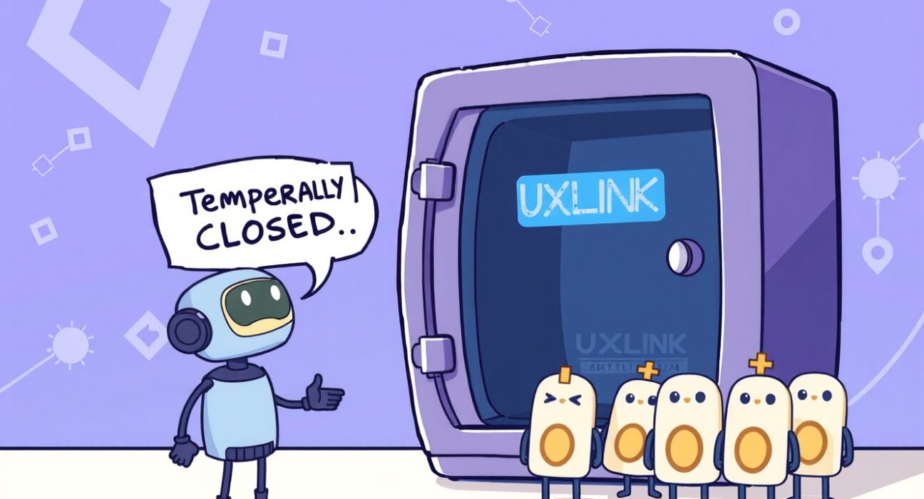 A cartoon illustration showing a temporary halt of UXLINK withdrawals on Bithumb for a network upgrade, ensuring asset safety.