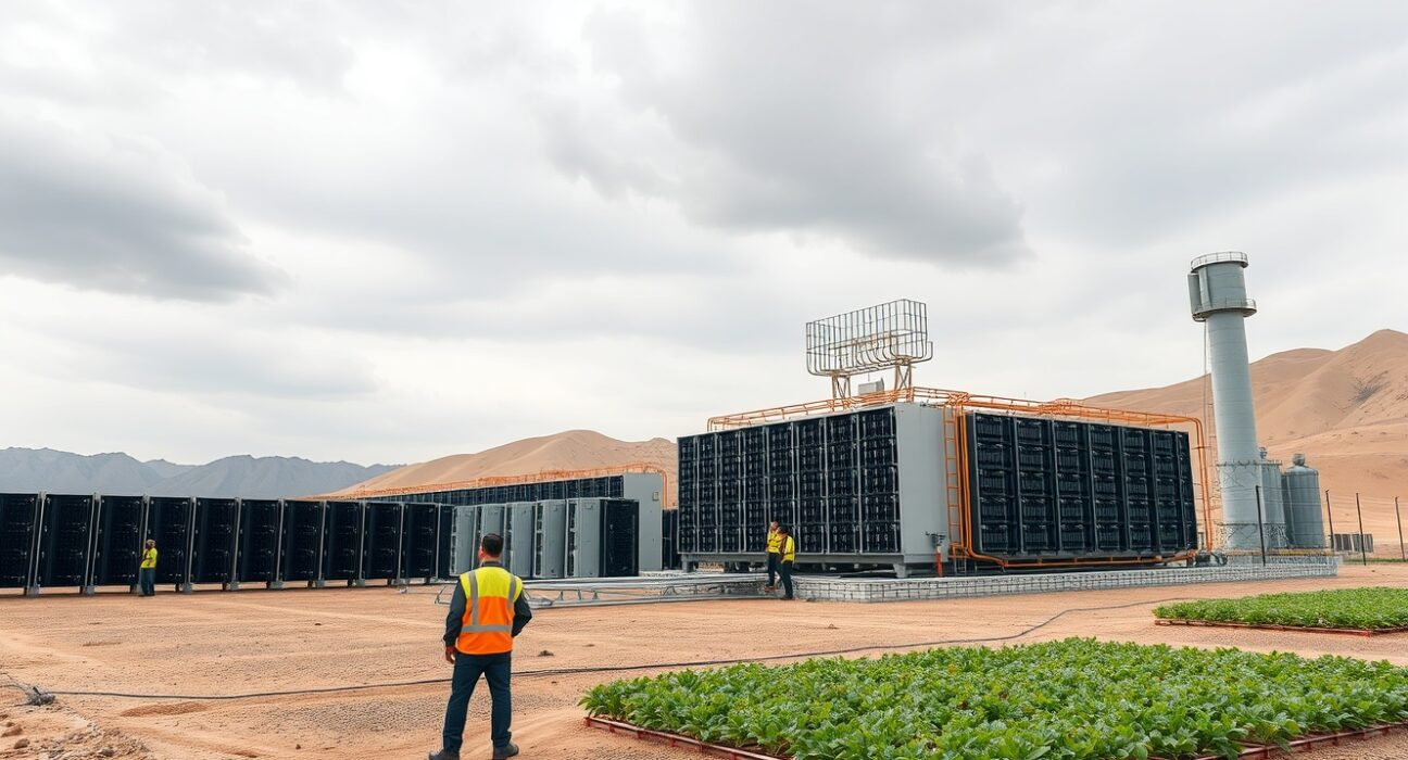 Uzbekistan crypto mining zone in Besqala Mining Valley, showing a large facility with workers and greenhouses using waste heat.