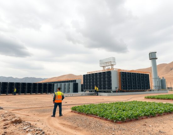 Uzbekistan crypto mining zone in Besqala Mining Valley, showing a large facility with workers and greenhouses using waste heat.