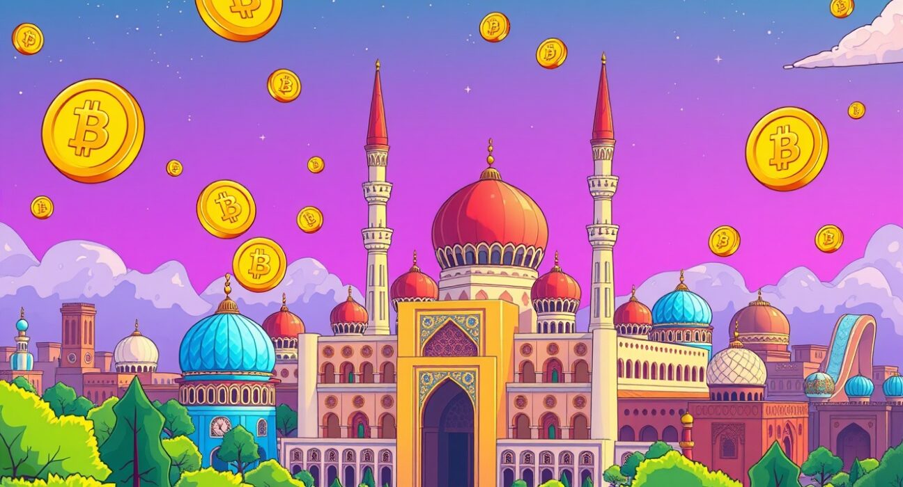 Uzbekistan stablecoin payments integration with traditional Islamic financial architecture in vibrant cartoon style