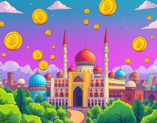 Uzbekistan stablecoin payments integration with traditional Islamic financial architecture in vibrant cartoon style