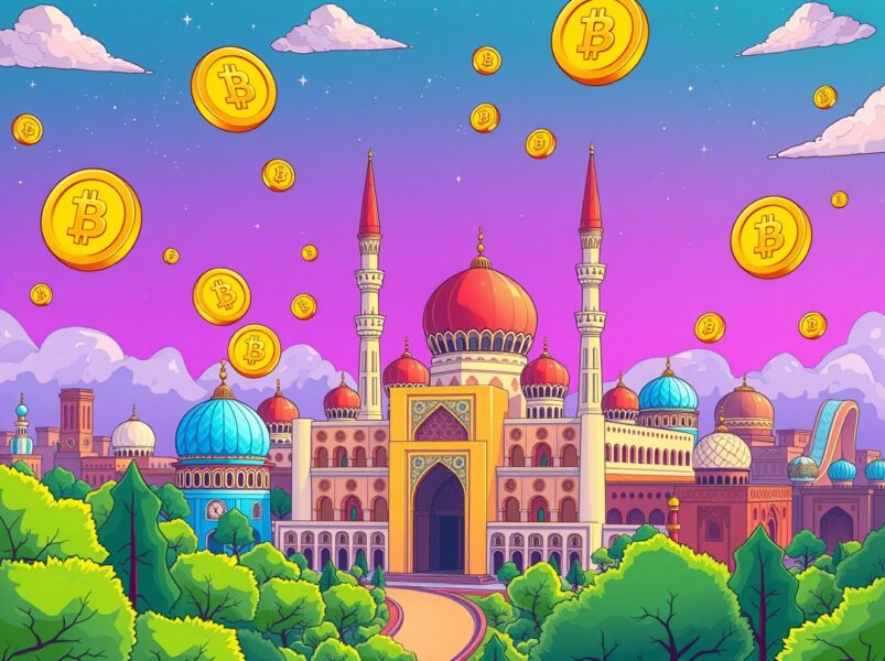 Uzbekistan stablecoin payments integration with traditional Islamic financial architecture in vibrant cartoon style