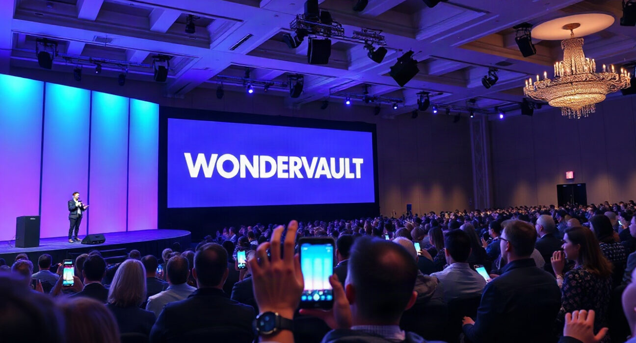 Valetax V-World Gala 2026 stage with Wondervault launch, large audience