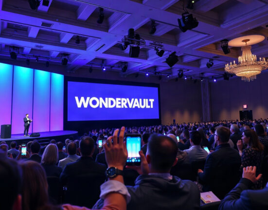 Valetax V-World Gala 2026 stage with Wondervault launch, large audience