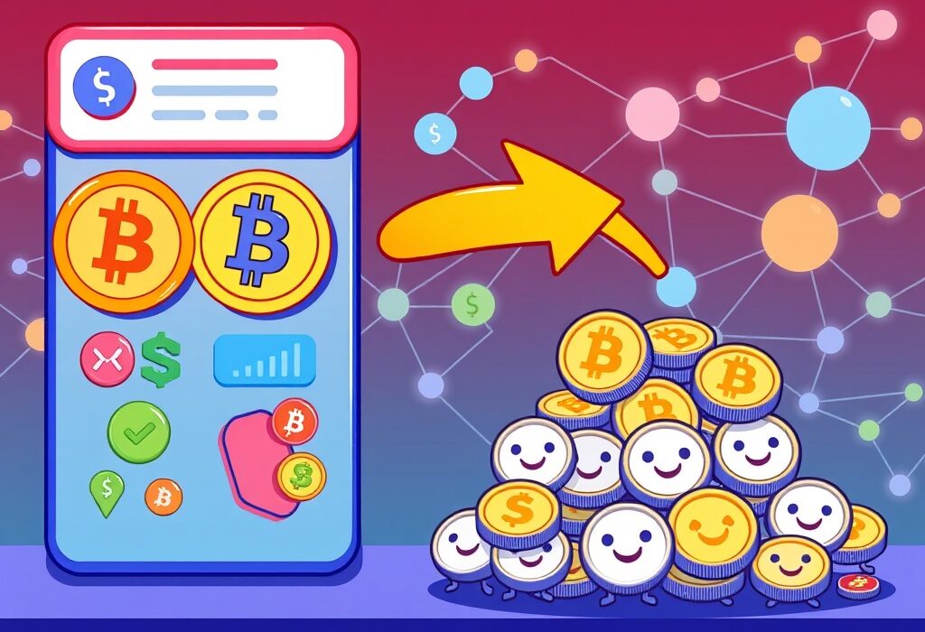 A cartoon illustration showing the Cryptoswap DEX facilitating token swaps and buybacks, highlighting its innovative mechanism for VAL token value.