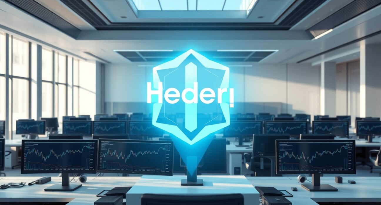 Hedera HBAR logo in a professional trading environment representing the Valour ETP's institutional investment milestone.