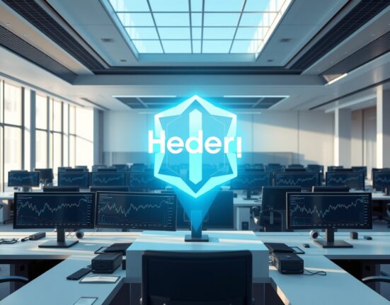 Hedera HBAR logo in a professional trading environment representing the Valour ETP's institutional investment milestone.