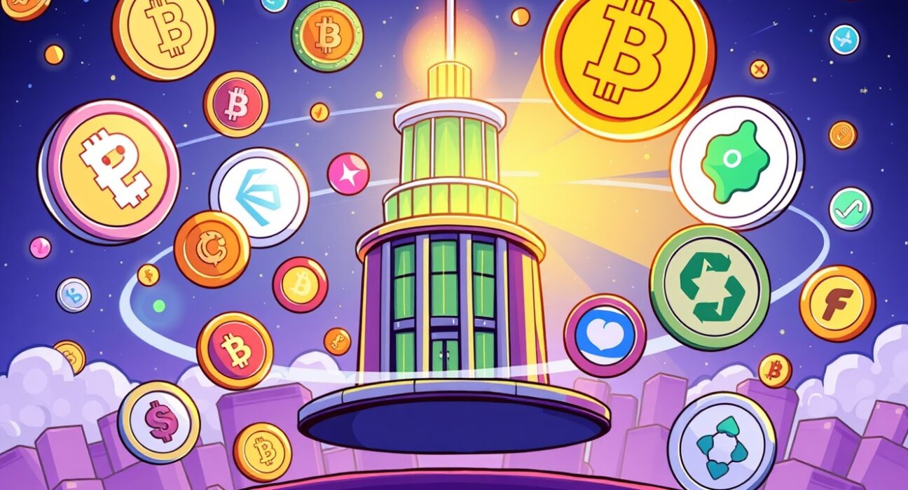 Cartoon illustration depicting diverse digital assets like PEPE and FLOKI orbiting a financial exchange, representing new crypto ETPs and investment opportunities.