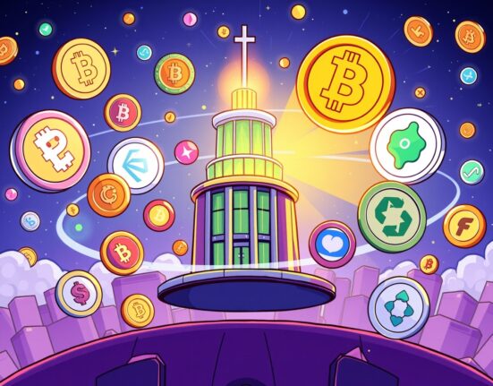 Cartoon illustration depicting diverse digital assets like PEPE and FLOKI orbiting a financial exchange, representing new crypto ETPs and investment opportunities.