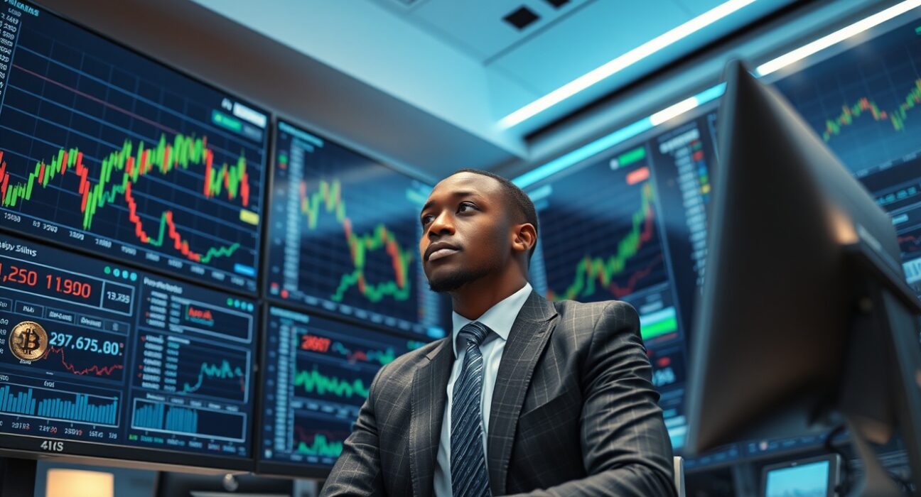 Professional African trader monitoring Hyperliquid perpetual futures on screens at VALR exchange office