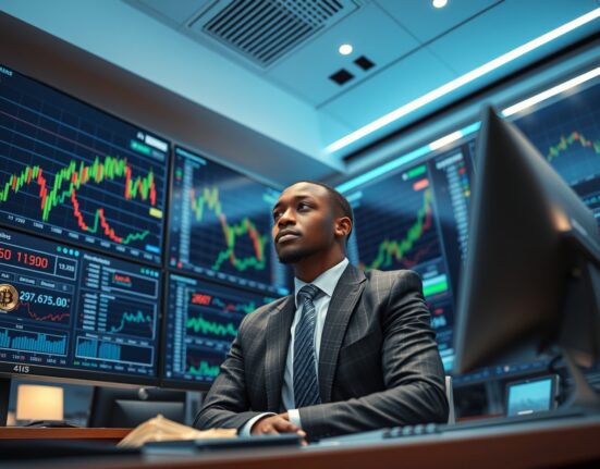 Professional African trader monitoring Hyperliquid perpetual futures on screens at VALR exchange office