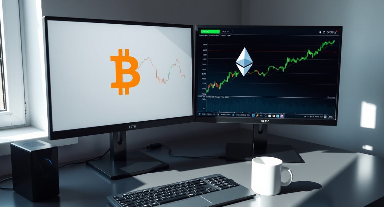 Cryptocurrency trading desk monitors showing Ethereum and Bitcoin charts