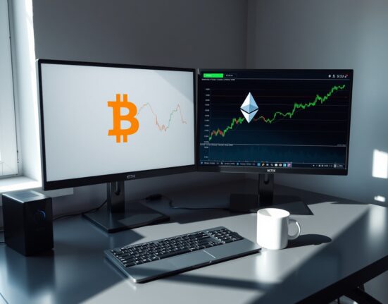 Cryptocurrency trading desk monitors showing Ethereum and Bitcoin charts