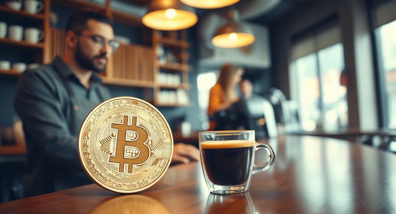 Bitcoin coin next to an espresso cup on a coffee shop counter in Madrid, representing Vanadi Coffee's Bitcoin treasury strategy.