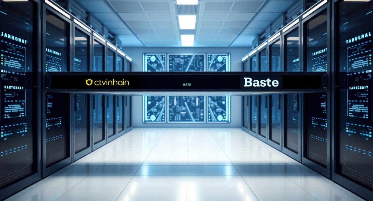 Digital bridge representing Vanar Chain migration to Base network with server room background