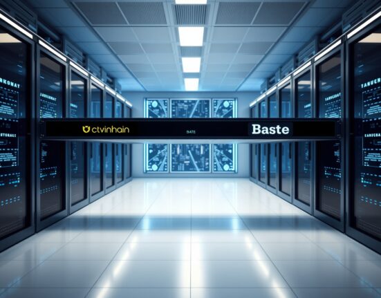 Digital bridge representing Vanar Chain migration to Base network with server room background