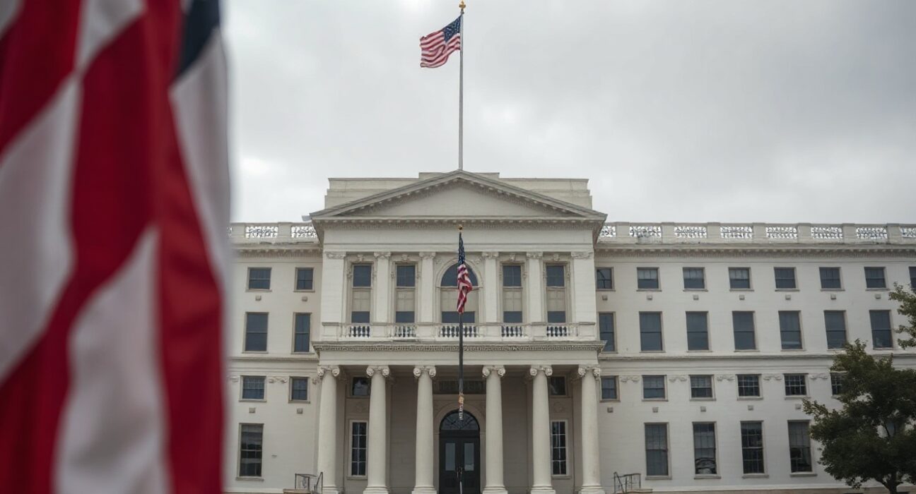 Eisenhower Executive Office Building in Washington D.C. on an overcast day, representing US diplomatic decision-making.