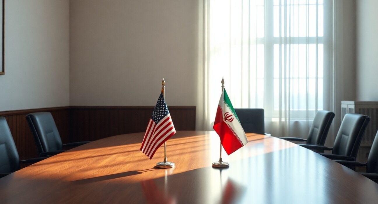 Empty chairs and US and Iranian flags in a diplomatic meeting room representing ongoing negotiations.