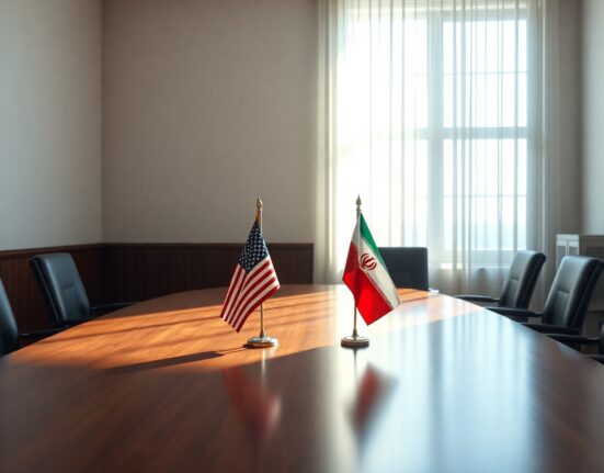 Empty chairs and US and Iranian flags in a diplomatic meeting room representing ongoing negotiations.