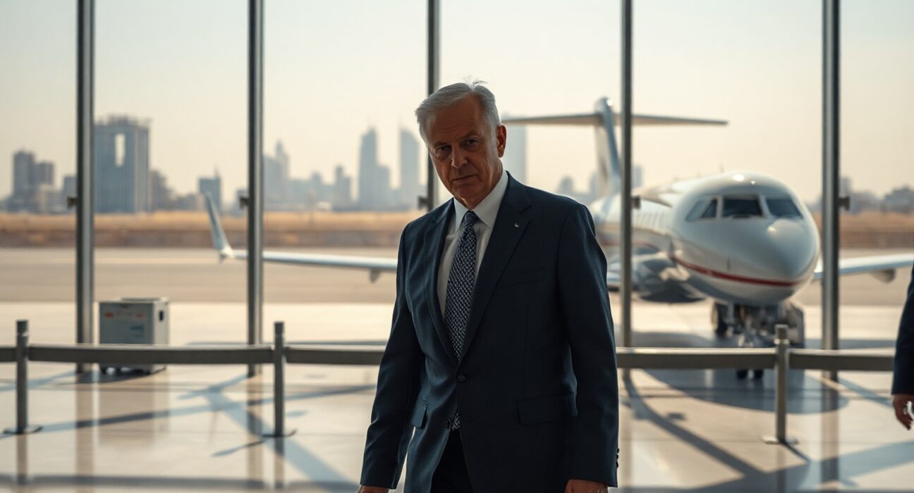 US diplomats Steve Witkoff and Jared Kushner arriving at an airport for Iran nuclear talks