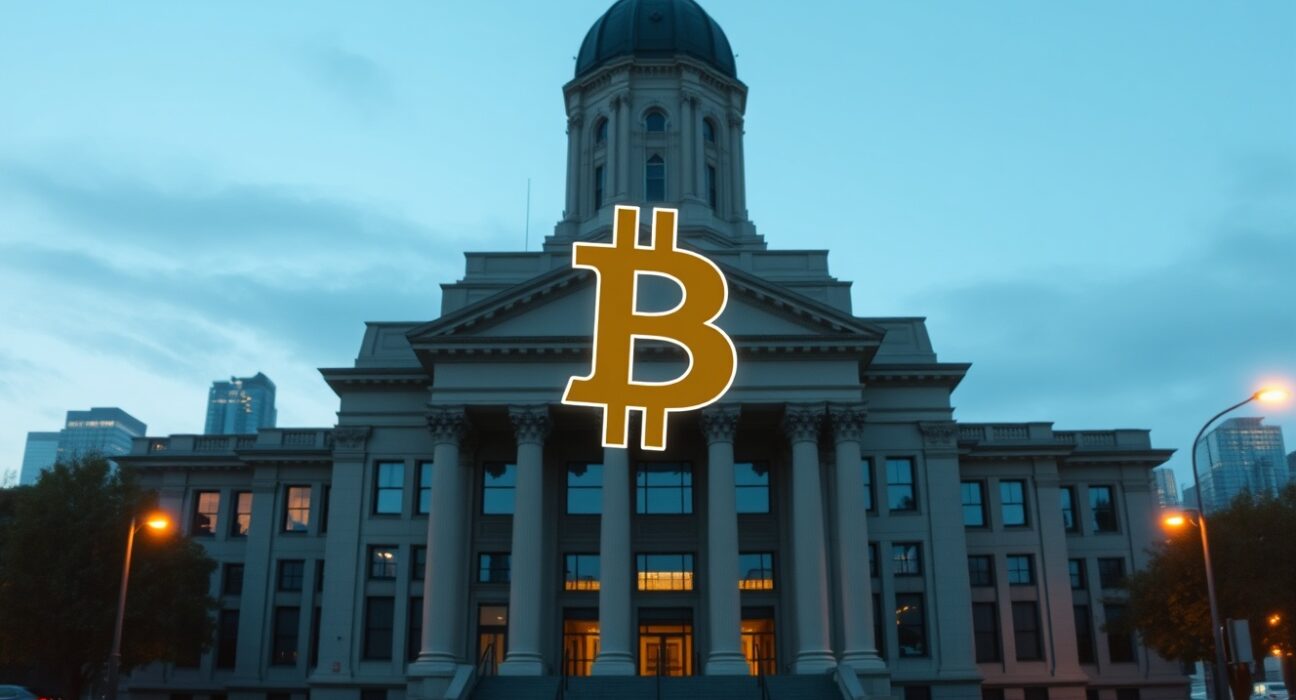 Vancouver City Hall with Bitcoin symbol representing the rejected cryptocurrency initiative.