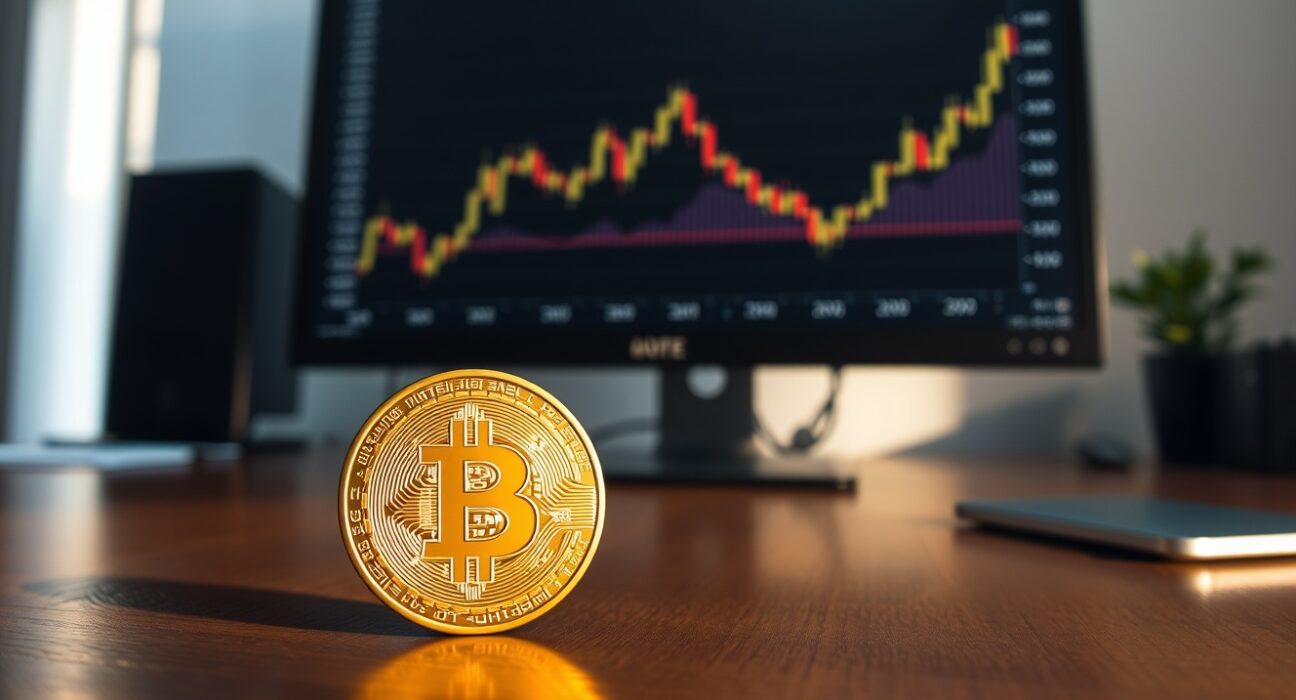 Bitcoin coin on desk with stock chart on monitor in modern office