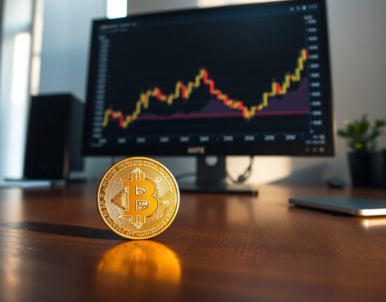Bitcoin coin on desk with stock chart on monitor in modern office