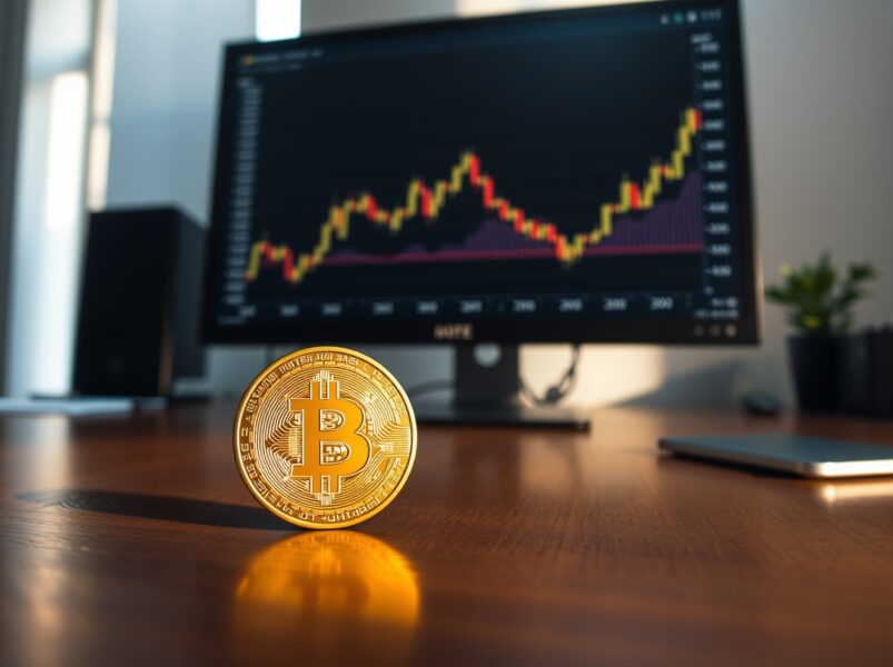 Bitcoin coin on desk with stock chart on monitor in modern office