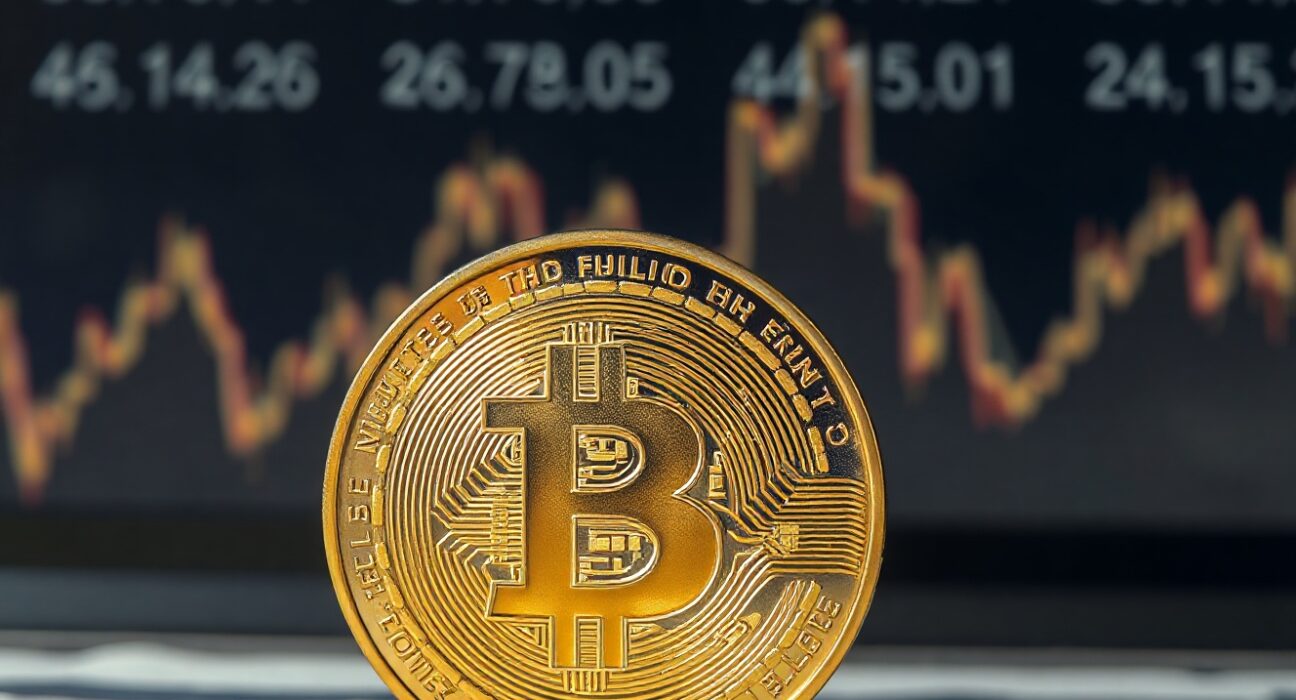 Bitcoin coin with a chart in the background symbolizing market cycle analysis