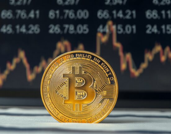Bitcoin coin with a chart in the background symbolizing market cycle analysis