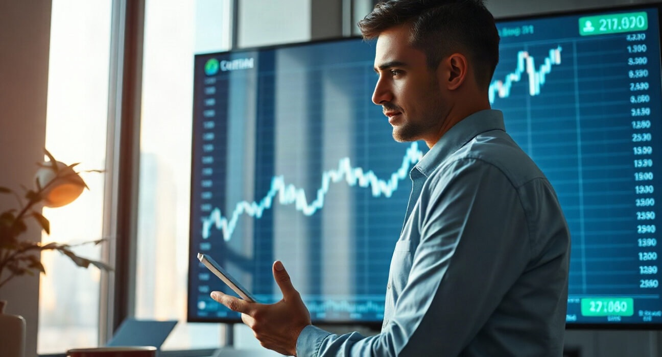 Financial analyst reviewing Bitcoin price chart on screen in modern office