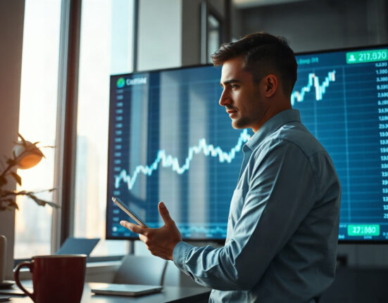 Financial analyst reviewing Bitcoin price chart on screen in modern office