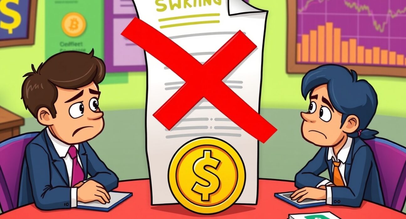 BNB spot ETF document with staking feature crossed out in vibrant cartoon style