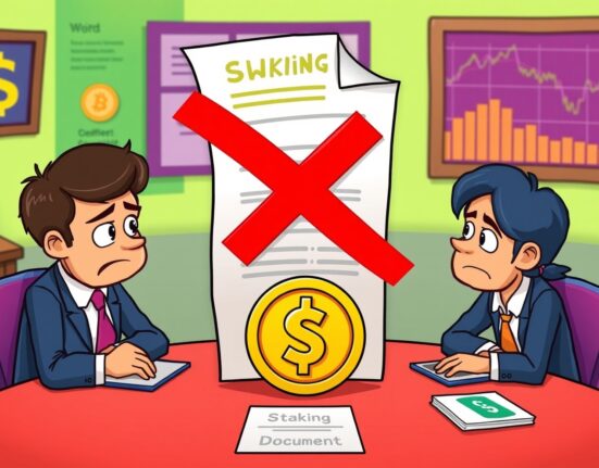 BNB spot ETF document with staking feature crossed out in vibrant cartoon style