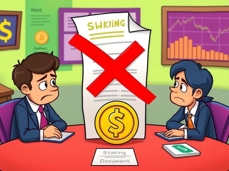 BNB spot ETF document with staking feature crossed out in vibrant cartoon style