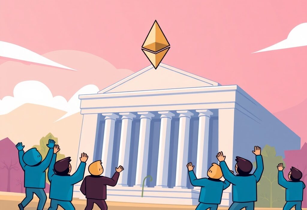 A vibrant cartoon showing the VanEck ETH ETF filing moving towards SEC approval, symbolizing institutional adoption of crypto ETFs.