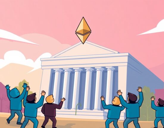 A vibrant cartoon showing the VanEck ETH ETF filing moving towards SEC approval, symbolizing institutional adoption of crypto ETFs.