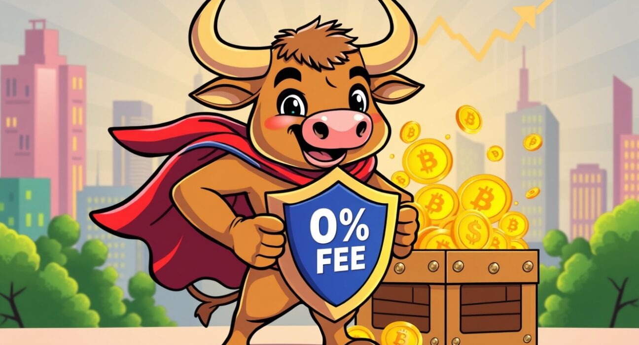 Superhero bull protecting investor treasure with extended HODL ETF fee waiver shield