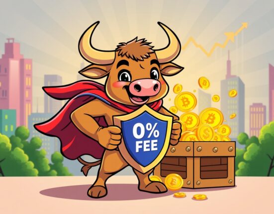 Superhero bull protecting investor treasure with extended HODL ETF fee waiver shield