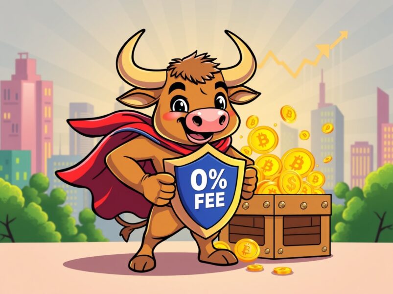 Superhero bull protecting investor treasure with extended HODL ETF fee waiver shield