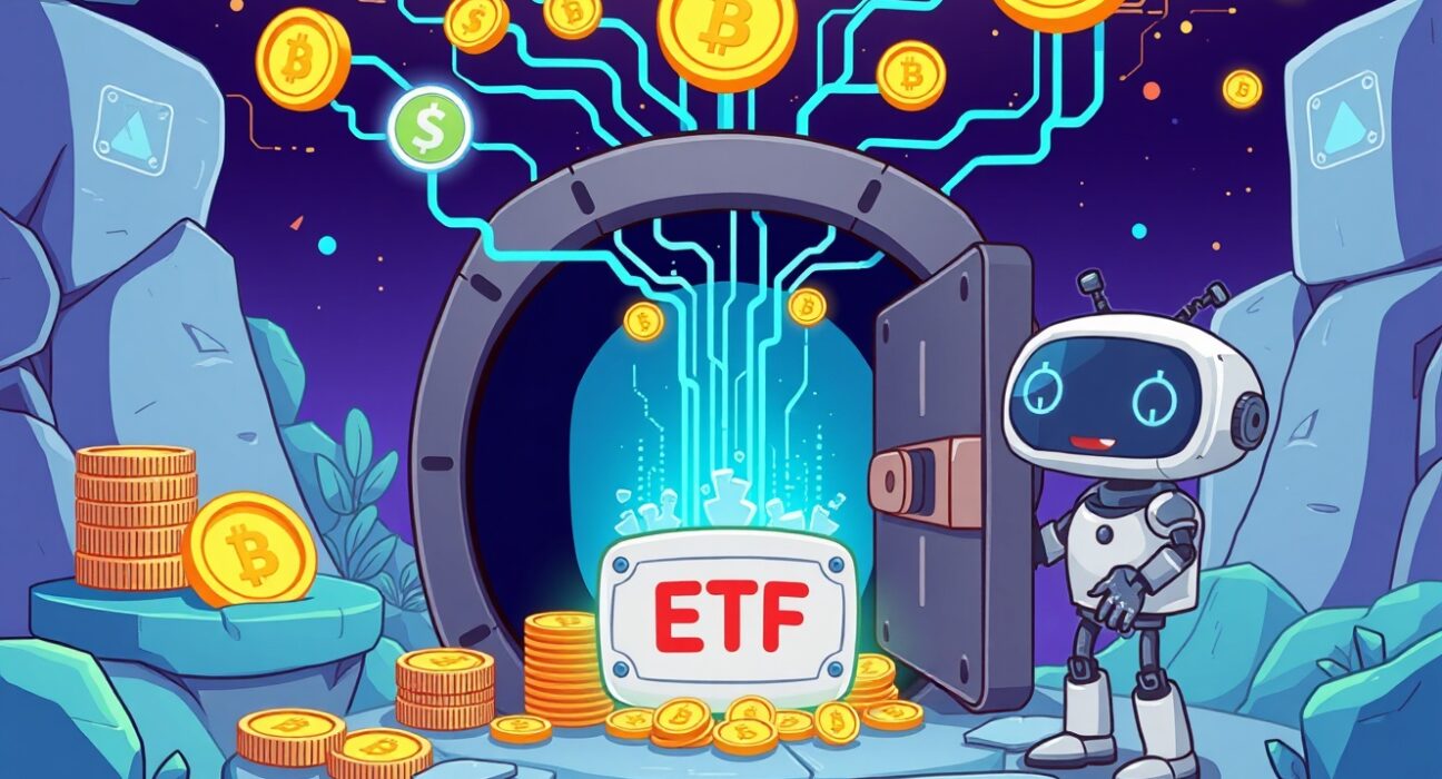 A cartoon image showing the secure and innovative process of HYPE ETF staking within a digital asset management system, highlighting its potential for investors.