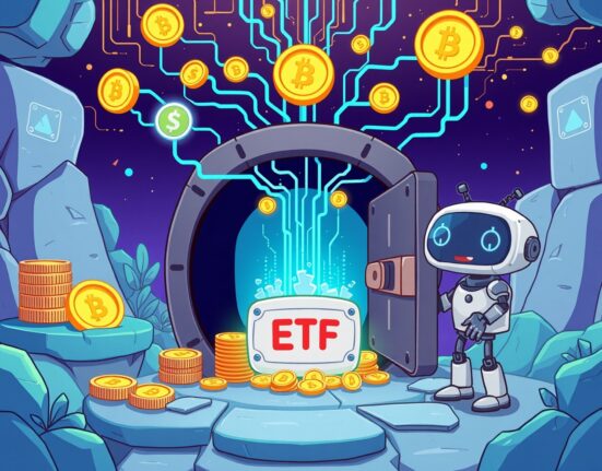 A cartoon image showing the secure and innovative process of HYPE ETF staking within a digital asset management system, highlighting its potential for investors.